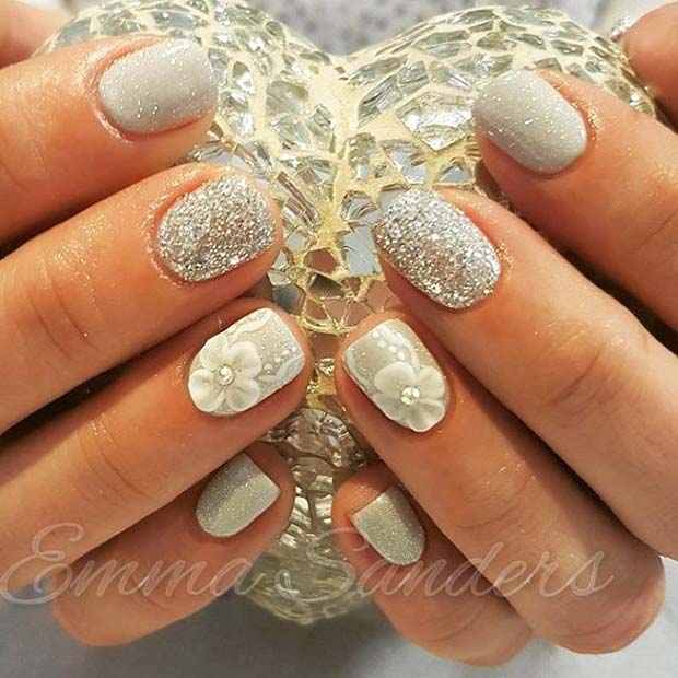 Floral Accent Nail with Silver Glitter Nails for Glitter Nail Design Idea