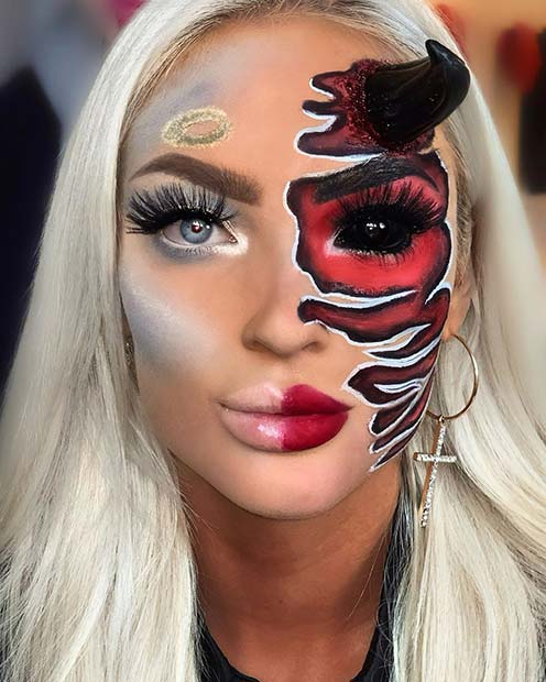 Maquillage Halloween mi-ange, mi-diable