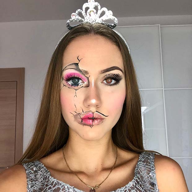 Maquillage de visage de poupée craquelée pour Halloween