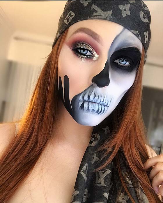 Maquillage Halloween demi-crâne