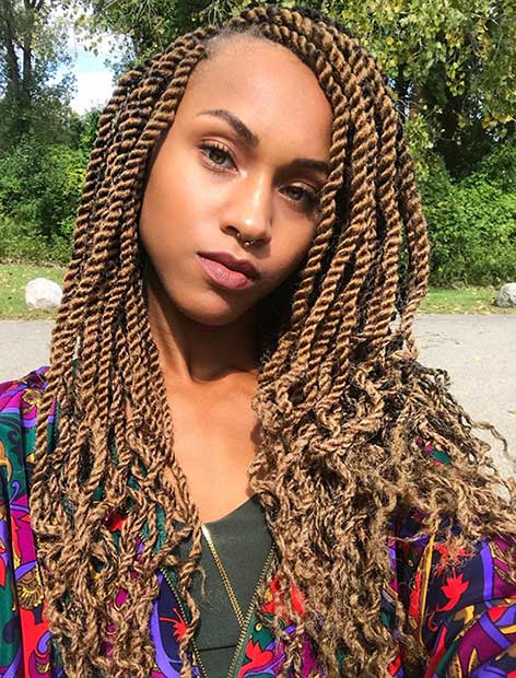 Honey Blonde Marley Twists aux extrémités bouclées