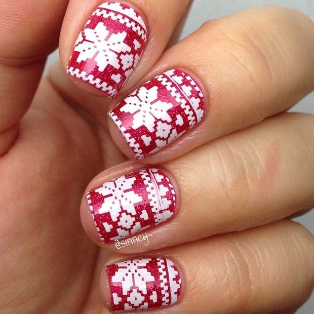 Ongles à motif Fair Isle rouges et blancs