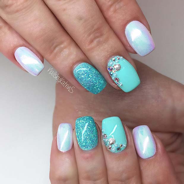 Ongles Sirène Chrome et Glitter