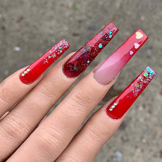 Ongles ombrés rouges brillants et glamour