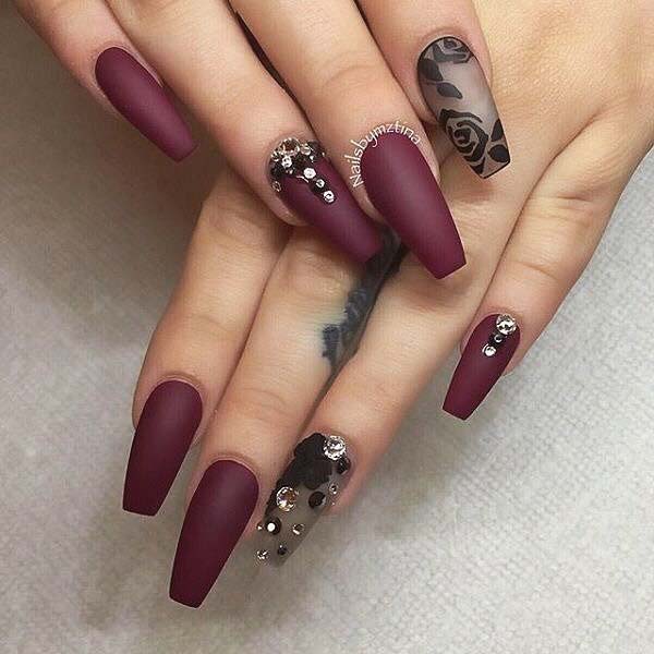 Burgundy Nails with Rose Accent Nail for Matte Nail Designs for Fall