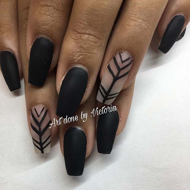 Black Matte Nails with Patterned Accent Nail for Matte Nail Designs for Fall