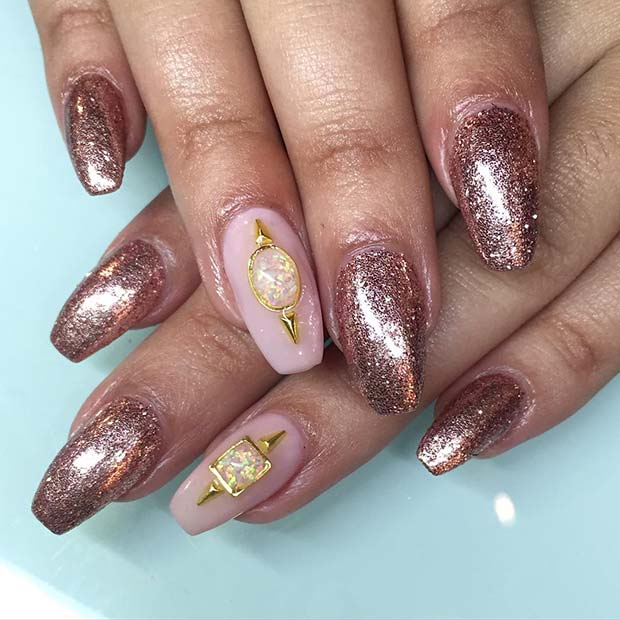 Ongles Paillettes Or Rose