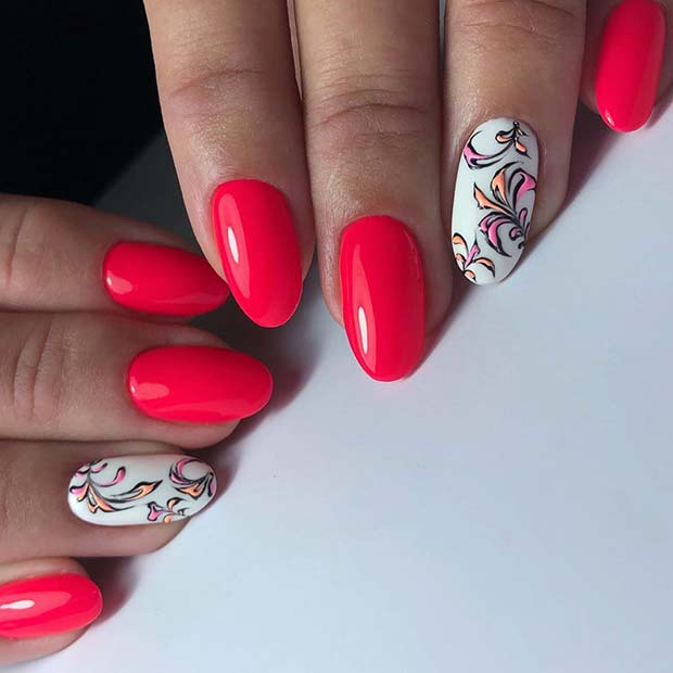 Ongles rose fluo avec accents blancs