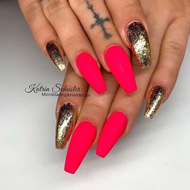 Ongles Rose Fluo et Or