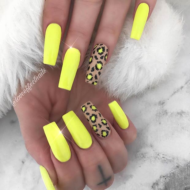 Ongles Léopard et Jaune Néon