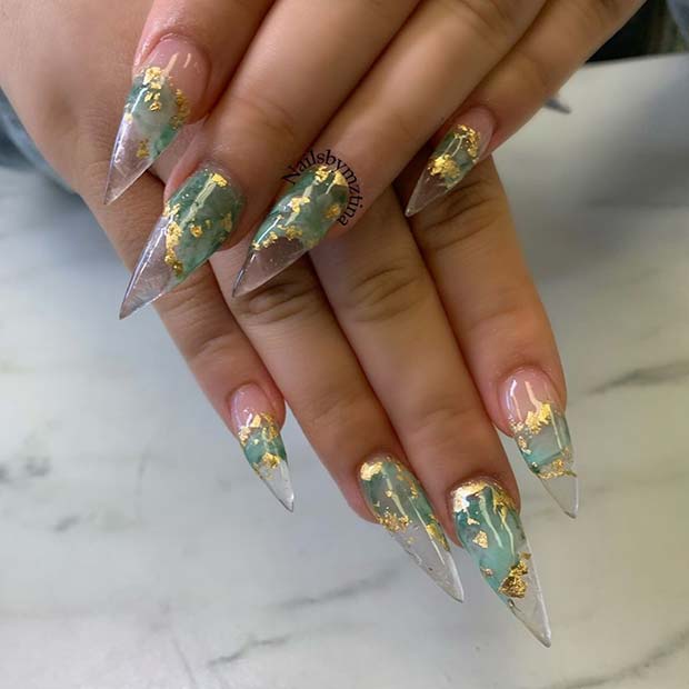 Clear Nails with Olive Color and Gold Foil