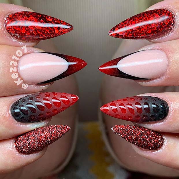 Red Glitter Stiletto Nails