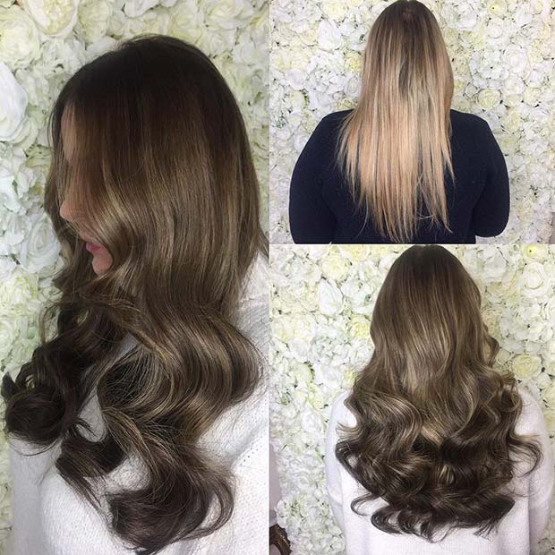 Cheveux de balayage blond cendré à brun chocolat