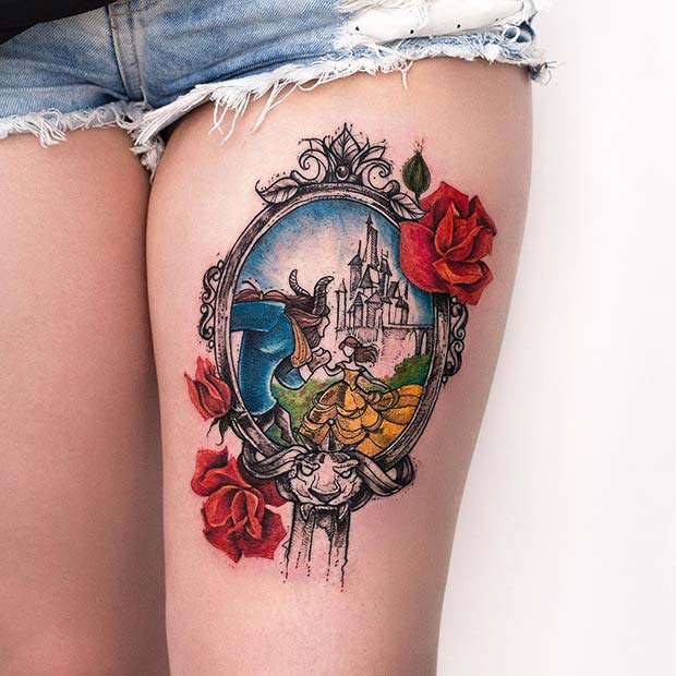 Tatouage de cuisse inspiré de la Belle et la Bête