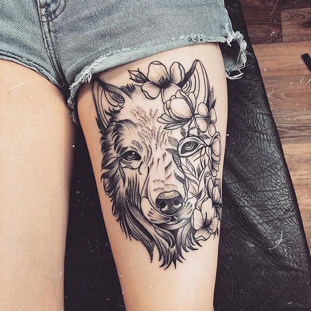 Tatouage de jambe de loup élégant