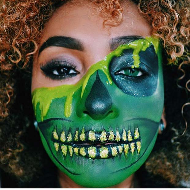 Squelette vert funky pour des idées de maquillage squelette pour Halloween
