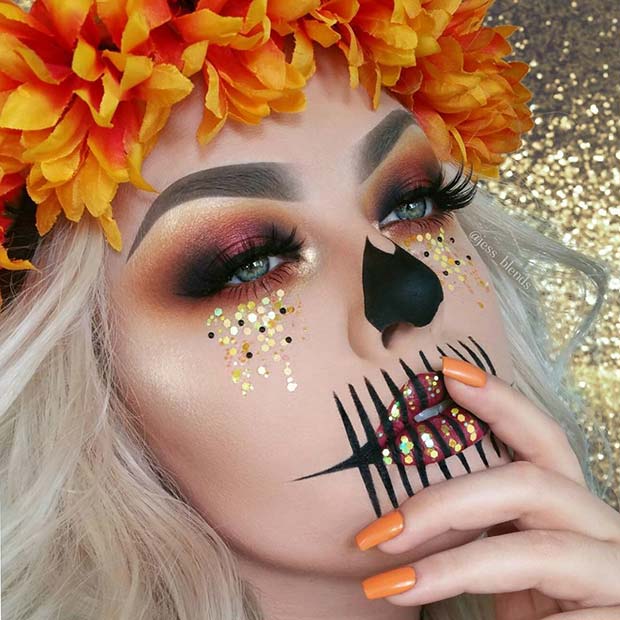 Maquillage squelette inspiré de l'automne pour des idées de maquillage squelette pour Halloween