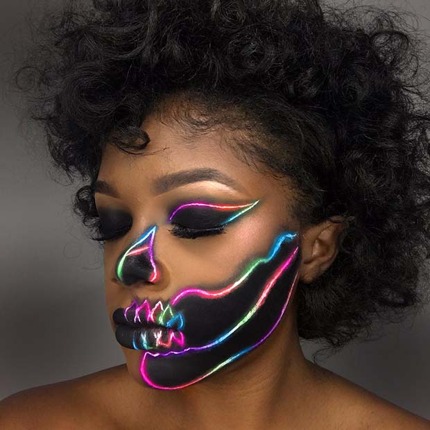 Idée de maquillage Halloween squelette noir et néon