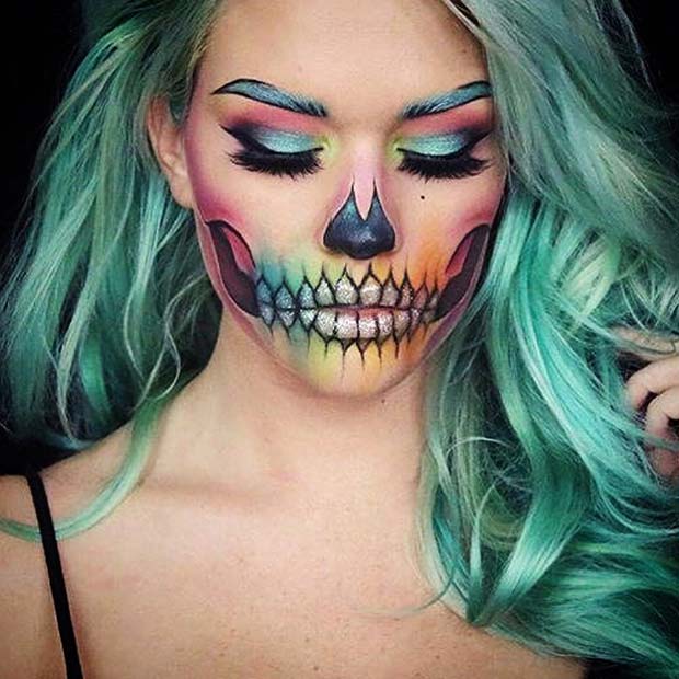 Squelette arc-en-ciel pour des idées de maquillage squelette pour Halloween