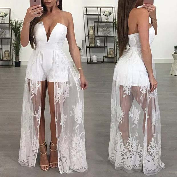 All White Playsuit με Lace Overlay