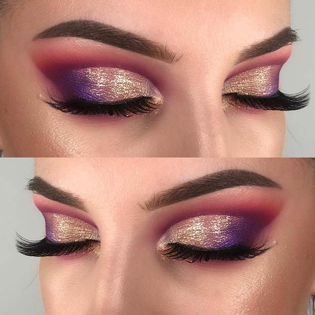 Idée de maquillage pour les yeux scintillant violet et or