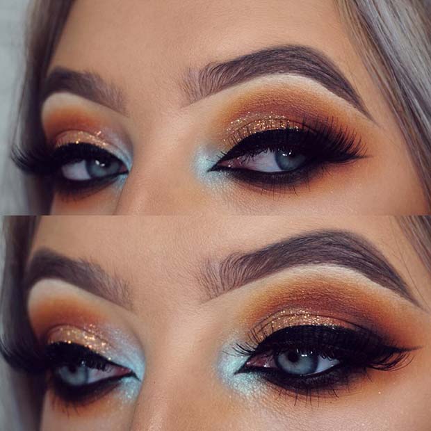 Maquillage chaud et orange pailleté pour les yeux bleus