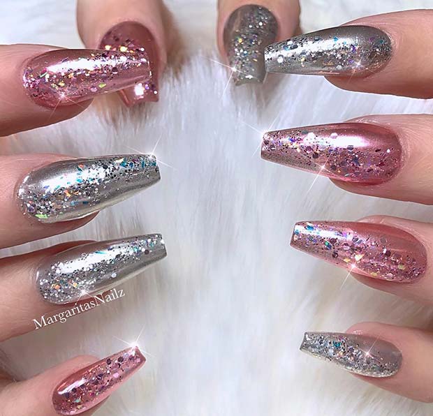 Sparkly Pink και Silver Nails