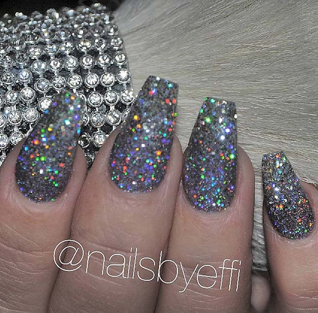 Σκούρα ασημένια Glitter Nails