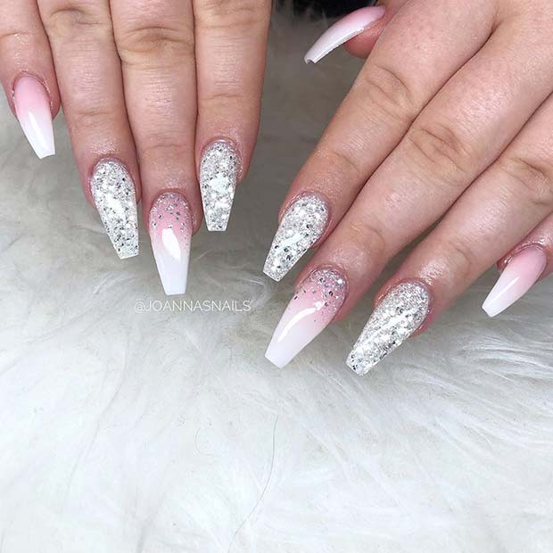 French Ombre Nails with Silver Sparkle