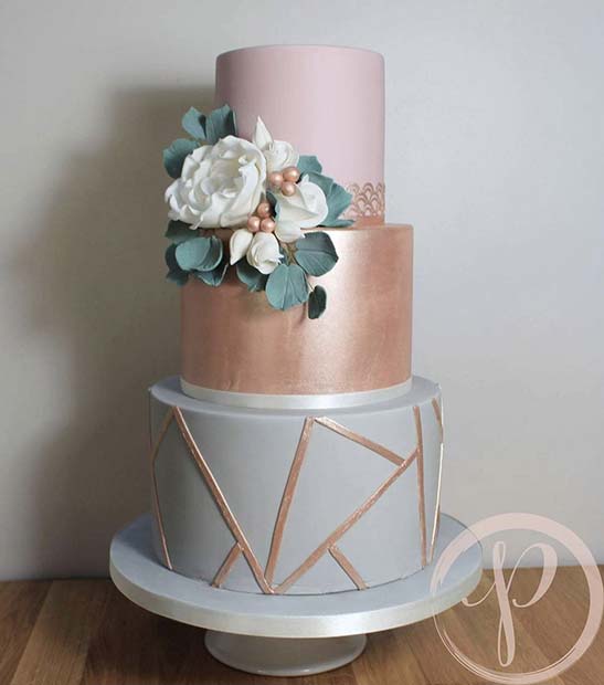 Μοντέρνο γκρι ροζ χρυσό γαμήλιο κέικ