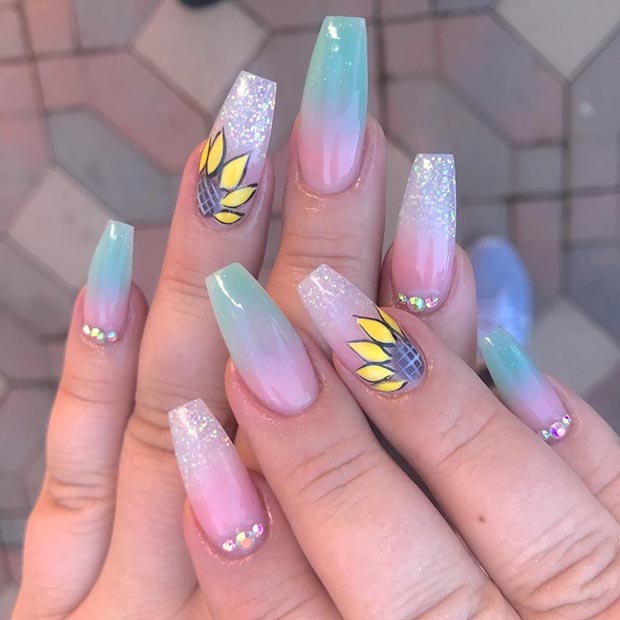 Ombre Sunflower Coffin Nails