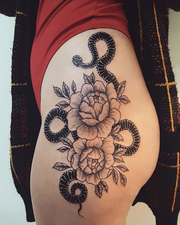 Badass Snake and Flowers Hip Tattoo