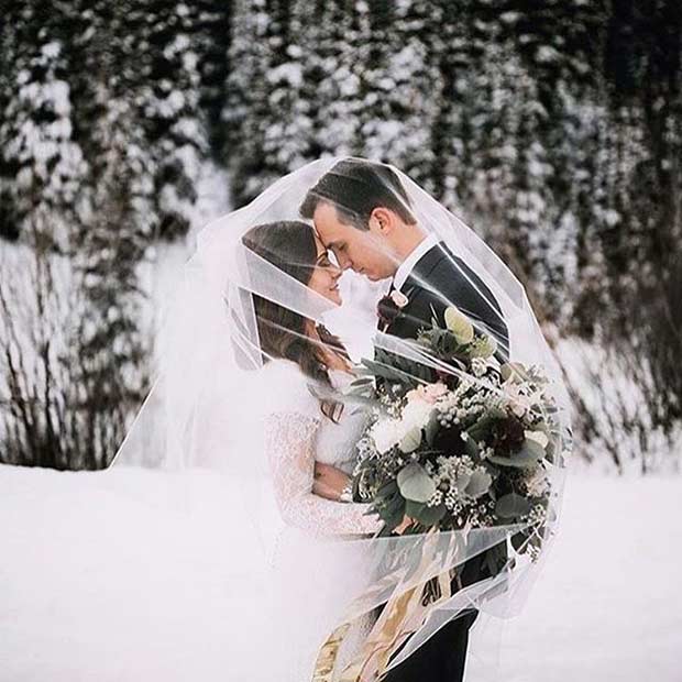 Photo de mariage d'hiver avec un voile