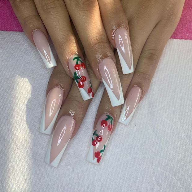 Nude Nails with V Tips and Cherries