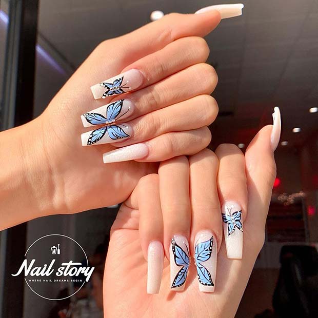 Μπλε πεταλούδες Nail Art