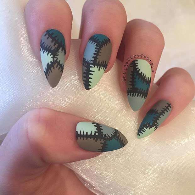 Conception d'ongles en acrylique Frankenstein pour Halloween