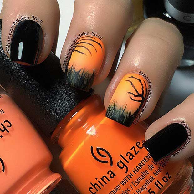 Spooky Silhouettes Halloween Black and Orange Nails