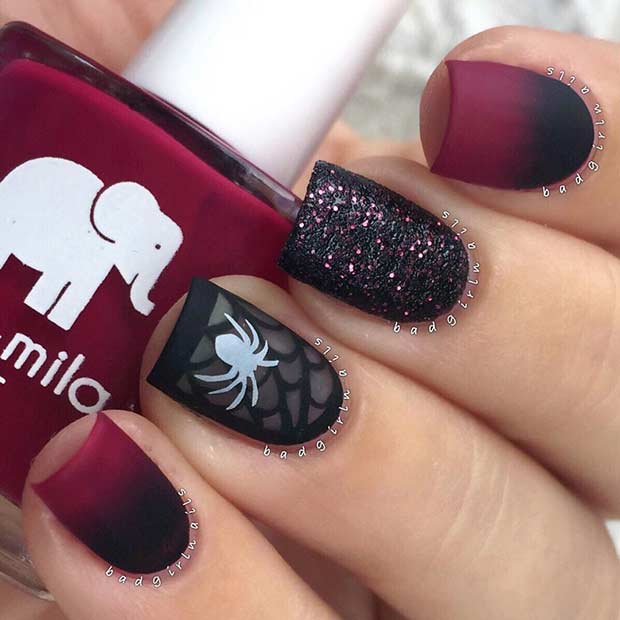 Ongles d'Halloween Ombre Mat Araignée