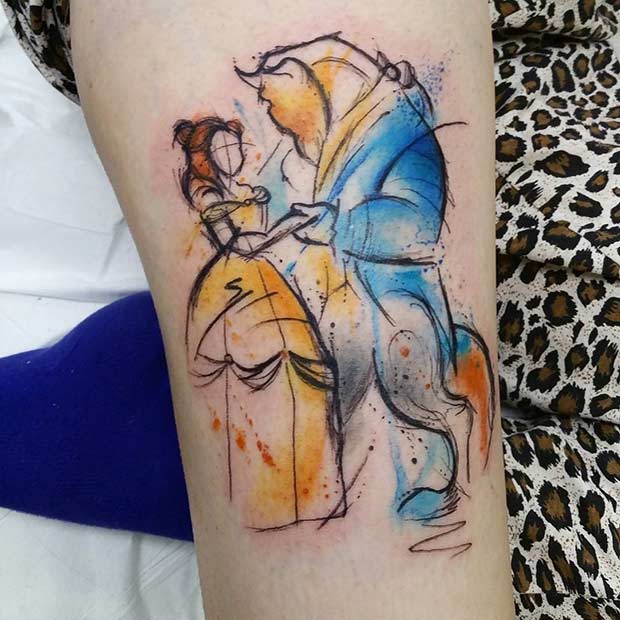 Ακουαρέλα Beauty and the Beast Silhouettes Tattoo