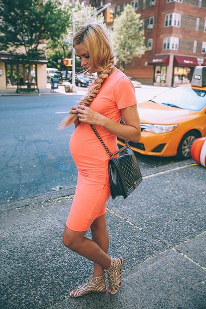 Neon Orange Midi Φόρεμα εγκυμοσύνης