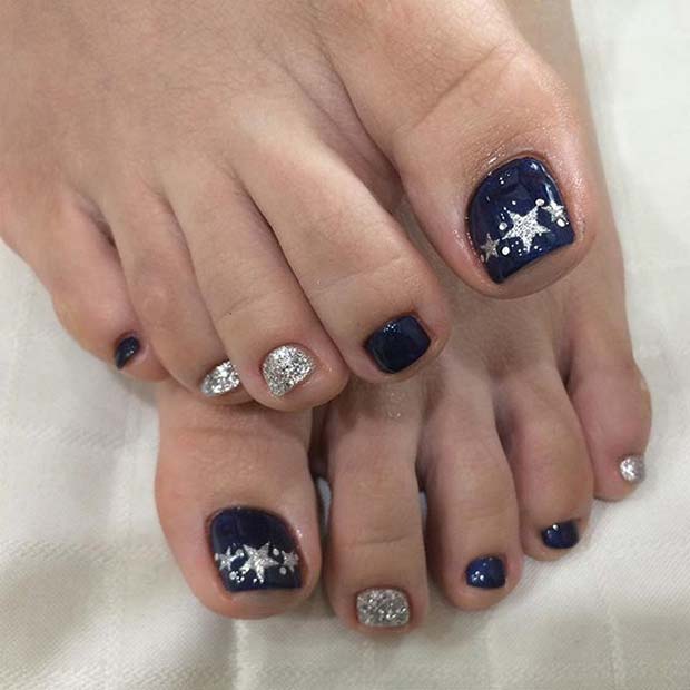 Navy Blue και Silver Star Toe Nail Design