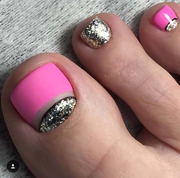 Ματ Ροζ και Glitter Toe Nail Design για Άνοιξη και Καλοκαίρι