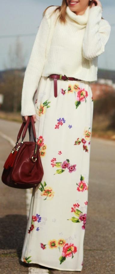 Floral Maxi φούστα με πουλόβερ