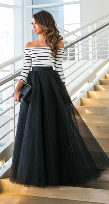 Μαύρο Tulle Maxi Φούστα Outfit