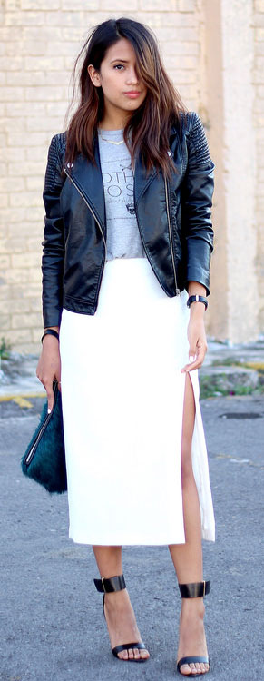 Λευκό Maxi Φούστα Δερμάτινο Jacket Outfit