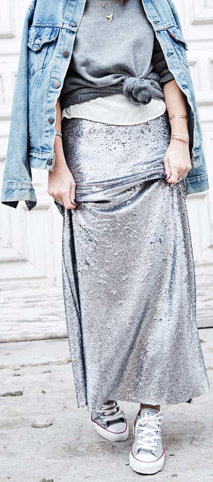 Silver Sequin Maxi Φούστα Casual Outfit