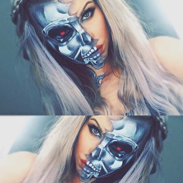 Maquillage Demi-Visage Terminator Look Pour Halloween