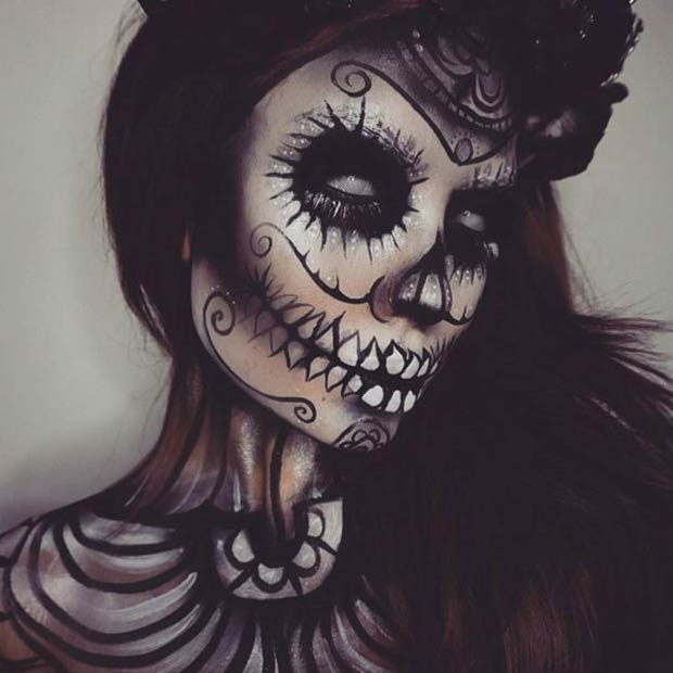 Scary All Black Sugar Skull Halloween Makeup Look