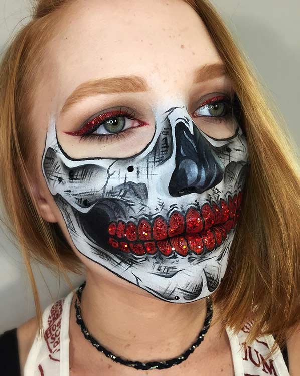 Red Glitter Half Face Skeleton Makeup Look for Halloween