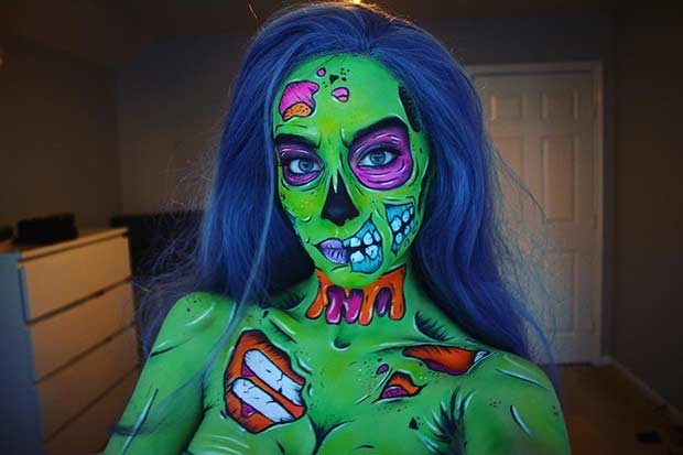 Look de maquillage d'Halloween Zombie Pop Art vert